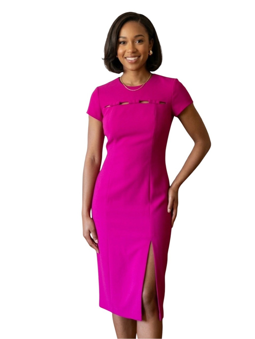 Adrianna Papell Silk Dress Women Fuchsia Pink Midi Dress 6P Vintage Bows Slit 
R
